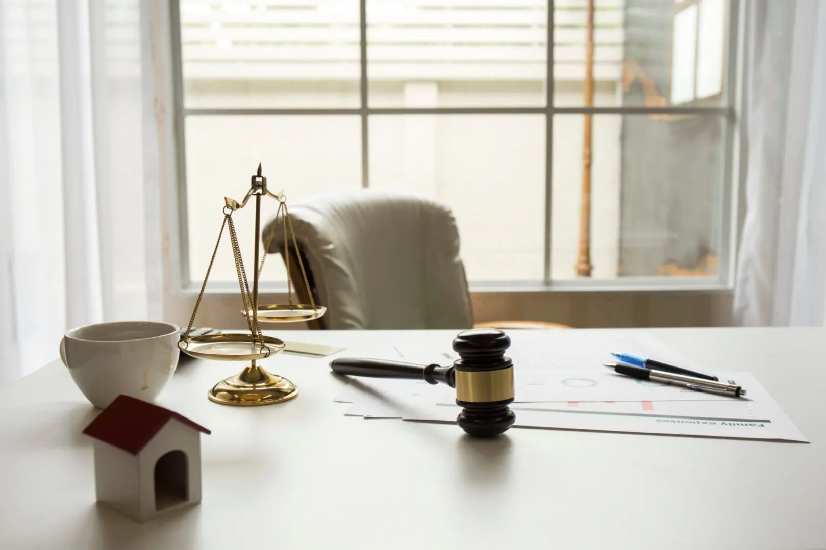 Law office desk with scales and gavel