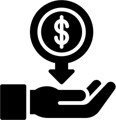 Hand receiving money symbol with downward arrow.